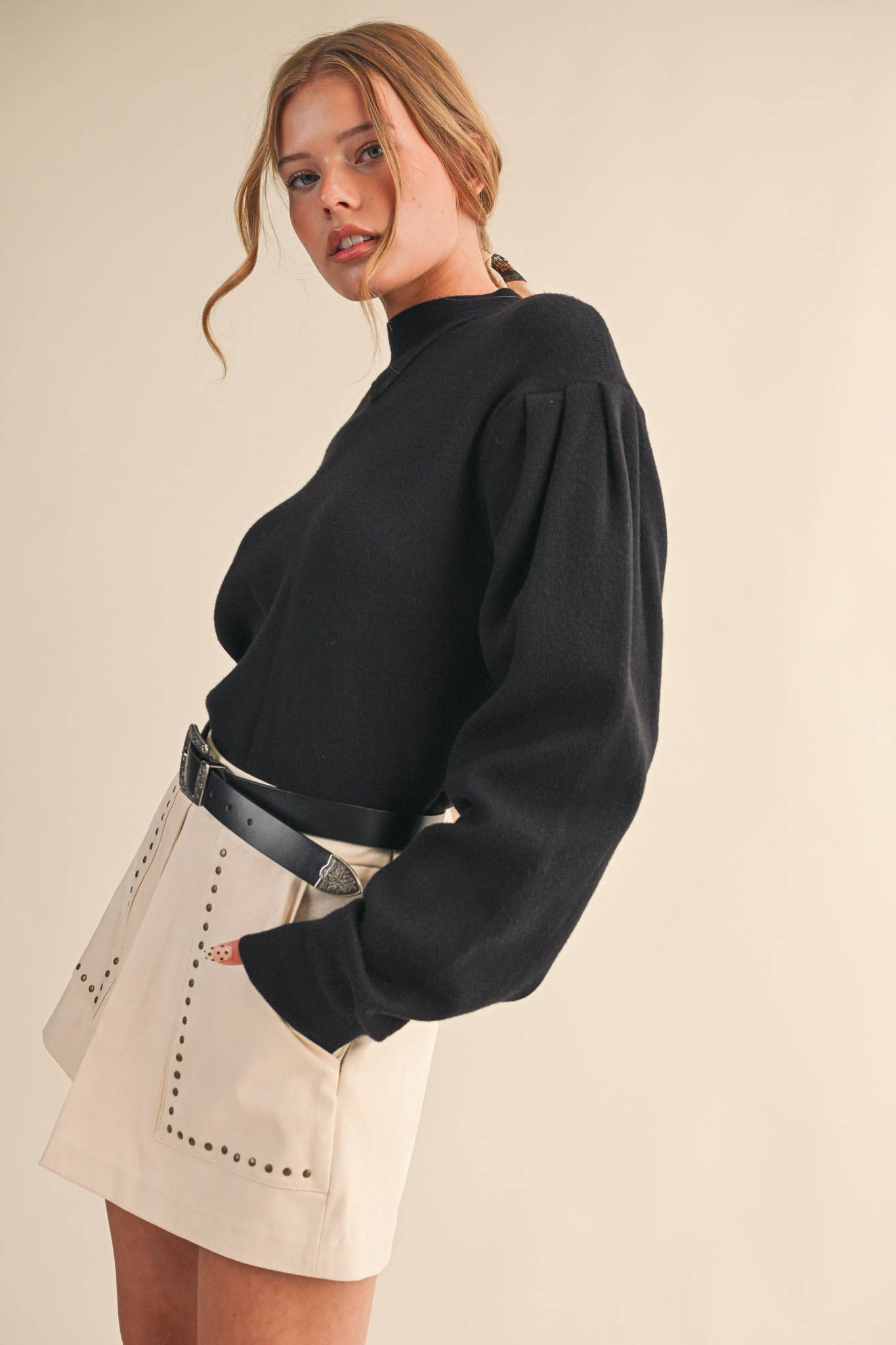 Mock Neck Puff Sleeve Sweater