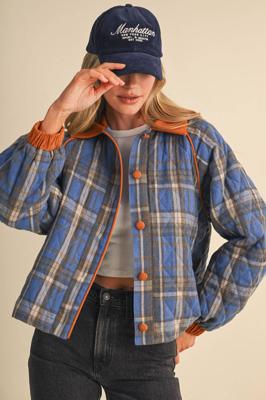 Plaid & Corduroy Contrast Quilted Jacket