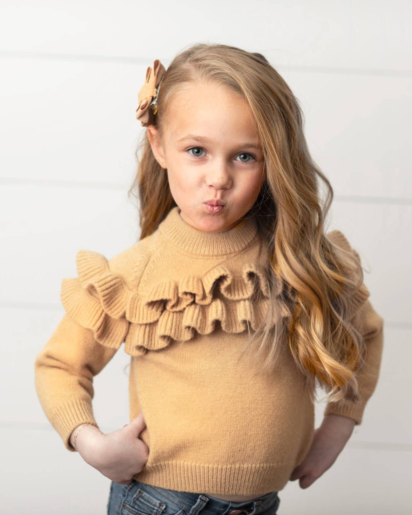 Kids Tan Double Ruffle Crew Neck Fall Winter Sweater