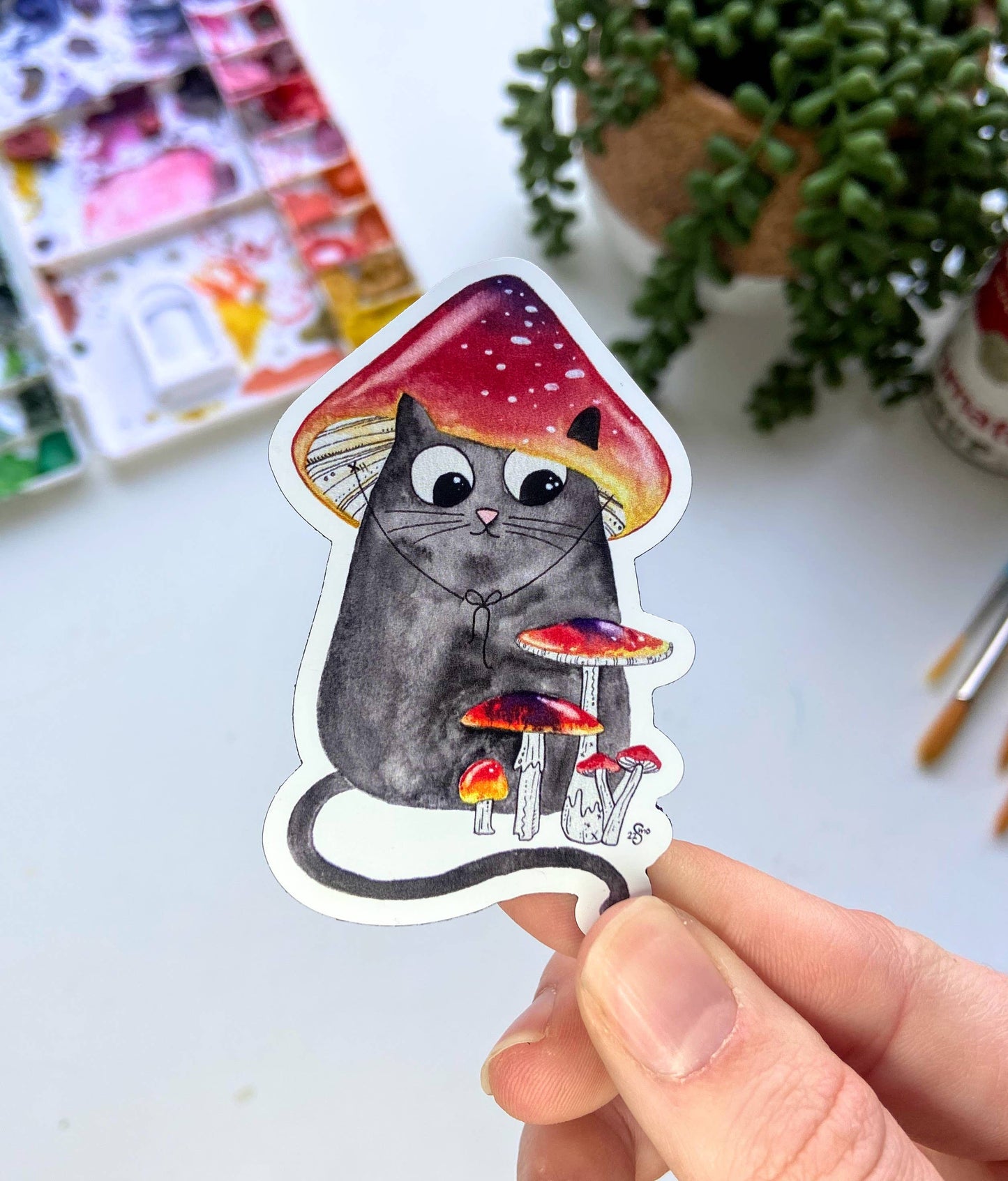 Black Cat with Red Mushroom Vinyl Sticker