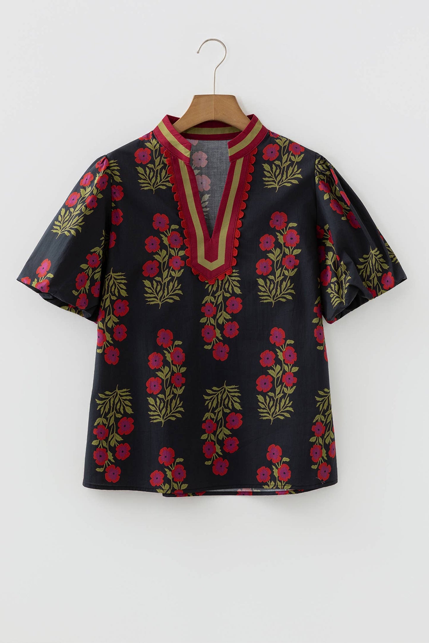 Floral Short Bubble Sleeve Contrast Top