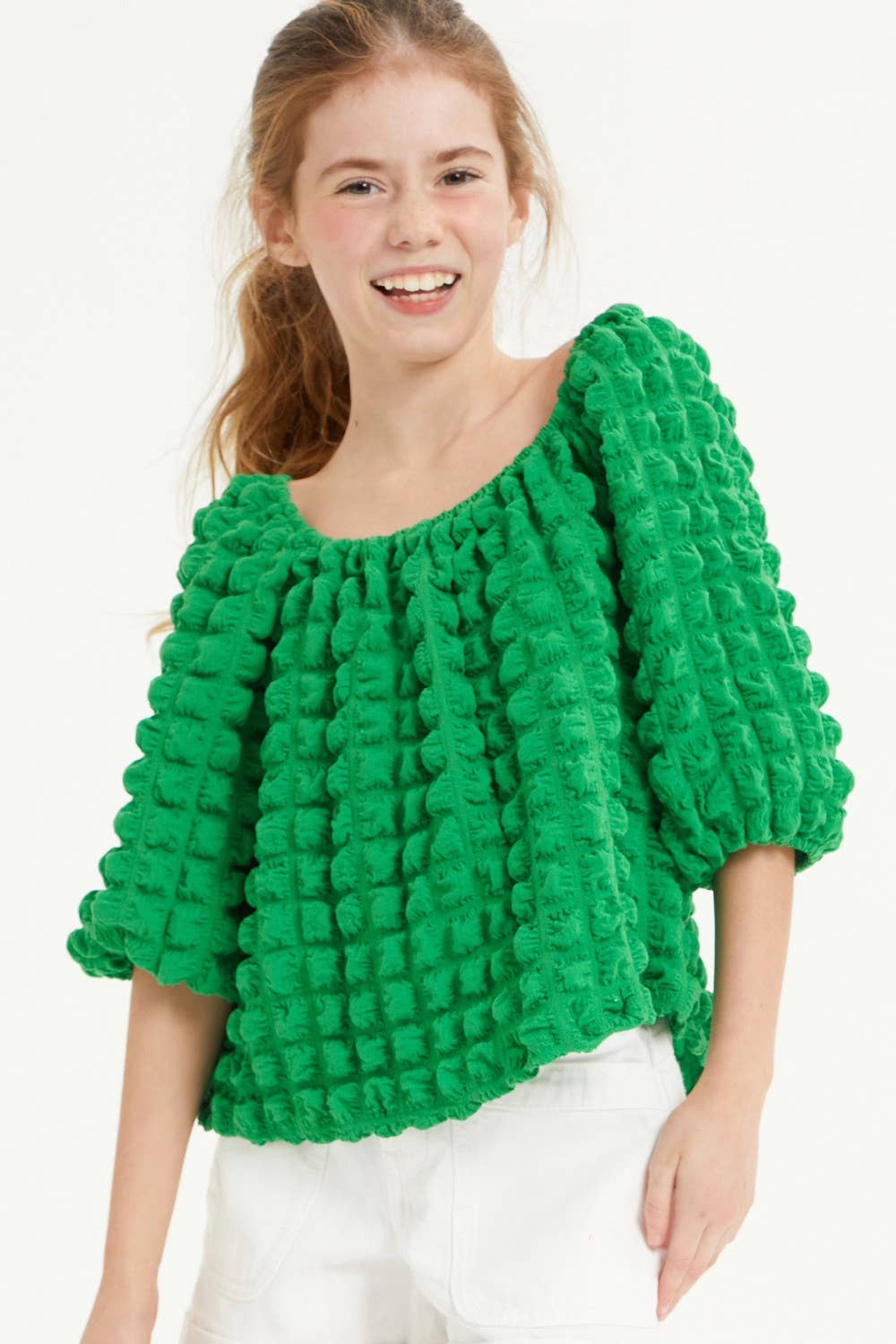 Embossed Bubble Texture Balloon Sleeve Top