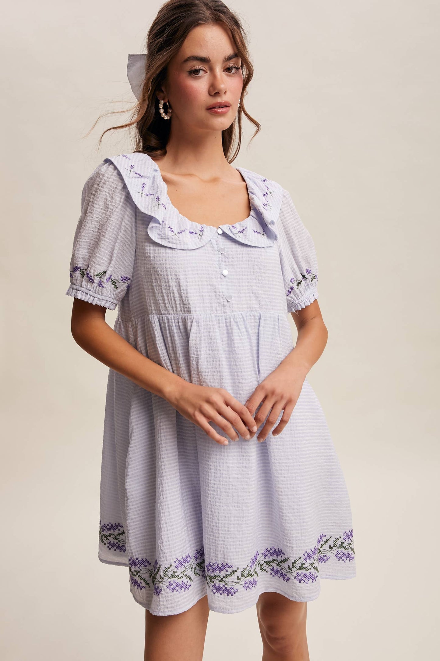 Embroidered Ruffle Collar Textured Gingham Dress