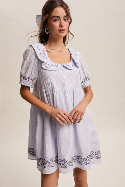 Embroidered Ruffle Collar Textured Gingham Dress