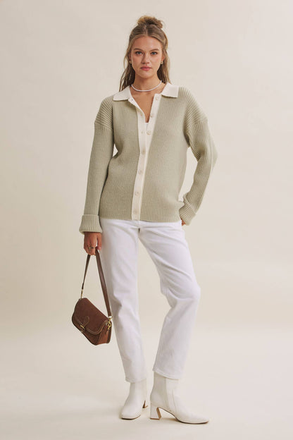 Contrast Collar Ribbed Cardigan