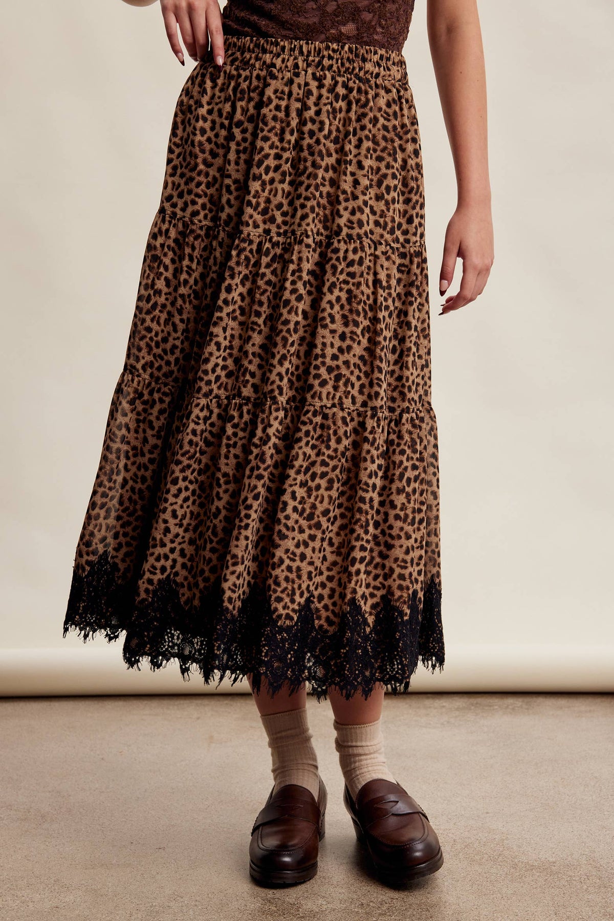 Leopard Lace Trim Tiered Maxi Skirt