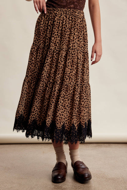 Leopard Lace Trim Tiered Maxi Skirt