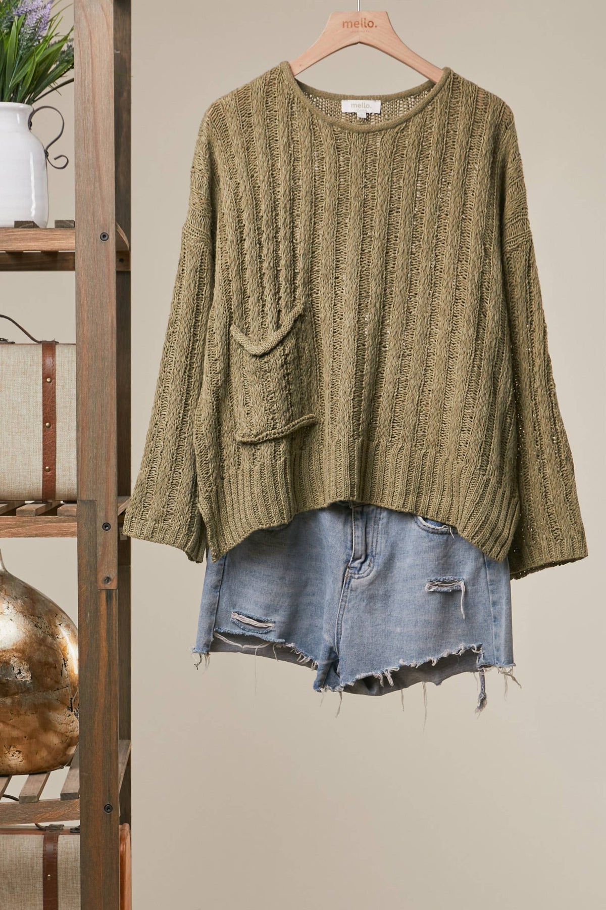 Relaxed Fit Rib Knit Pocket Sweater