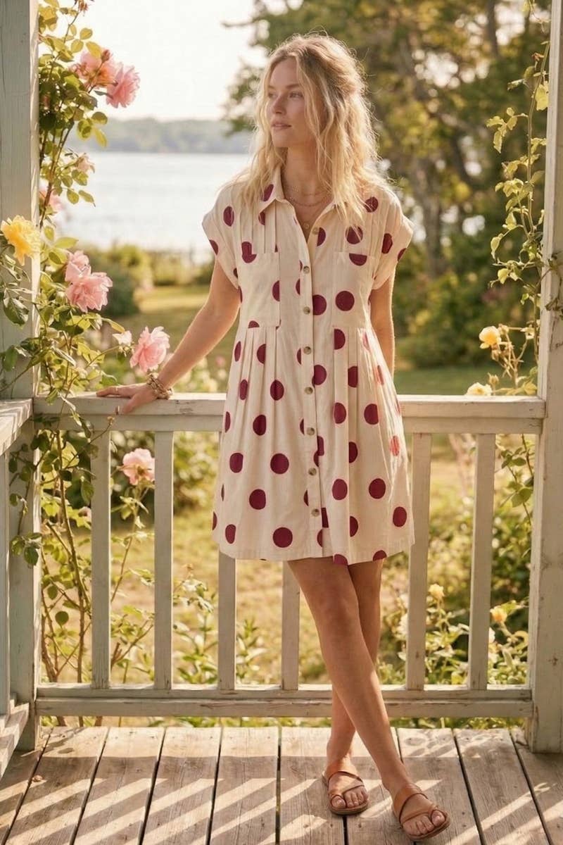 Polka Dot Button Down Pleated Poplin Mini Dress