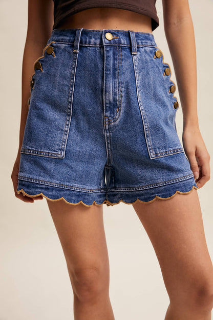 Scallop Button-Side Denim Shorts