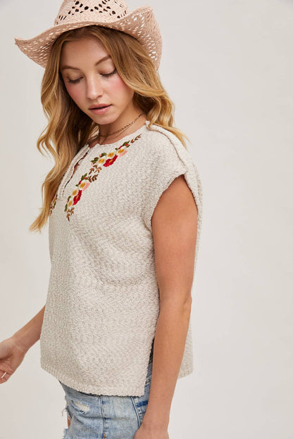 Embroidered Notch Neck Knit Top