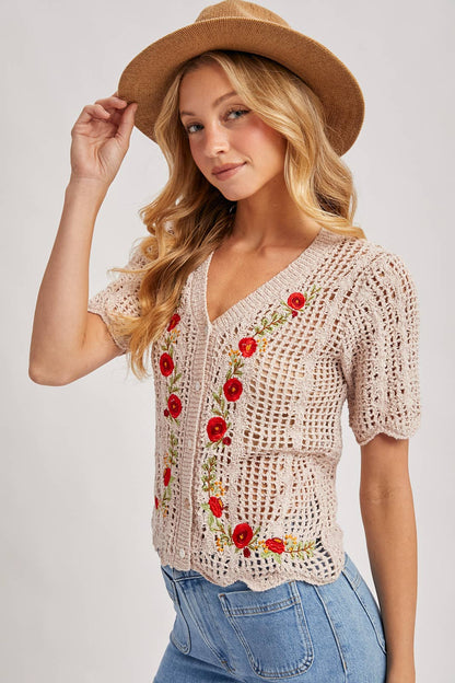 Floral Embroidered Crochet Cardigan