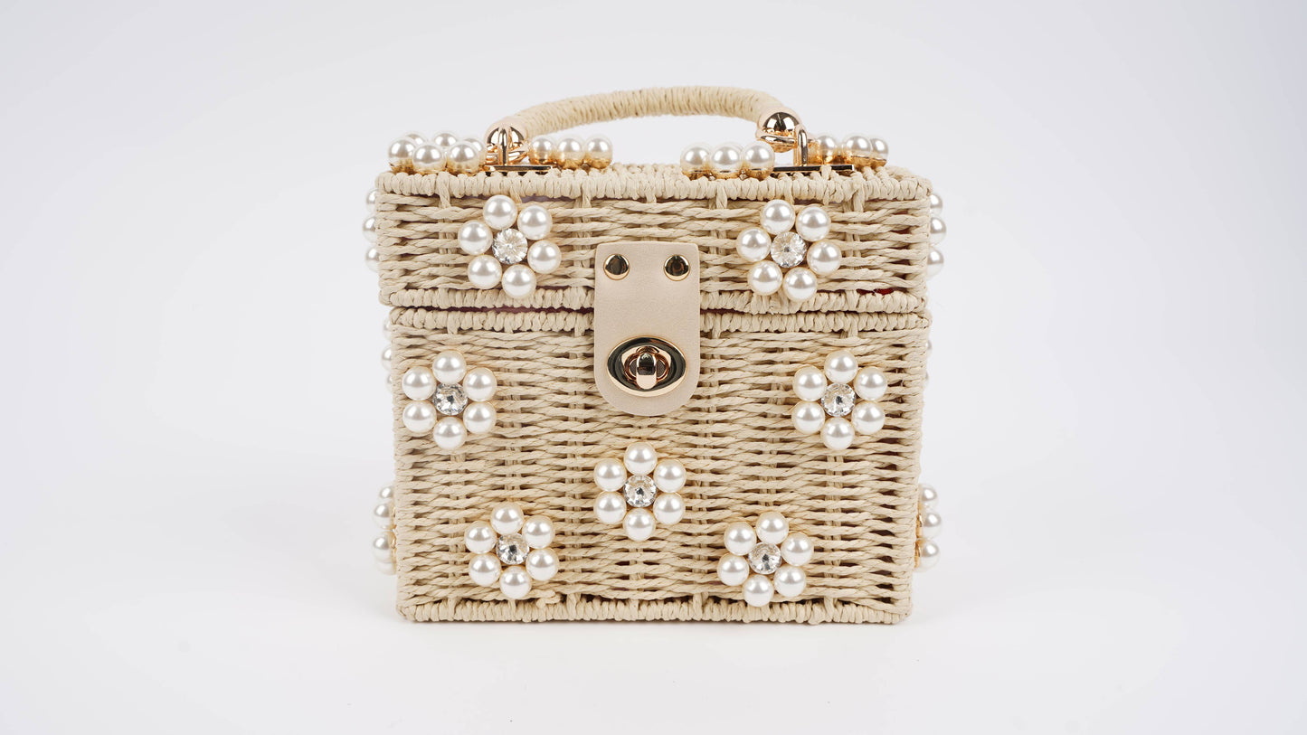 Wicker Bucket Daisy Flower Purse: Cream + Light Pink Daisy