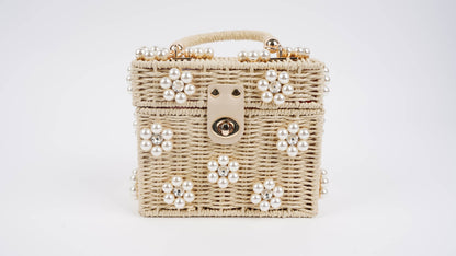 Wicker Bucket Daisy Flower Purse: Cream + Blue Daisy