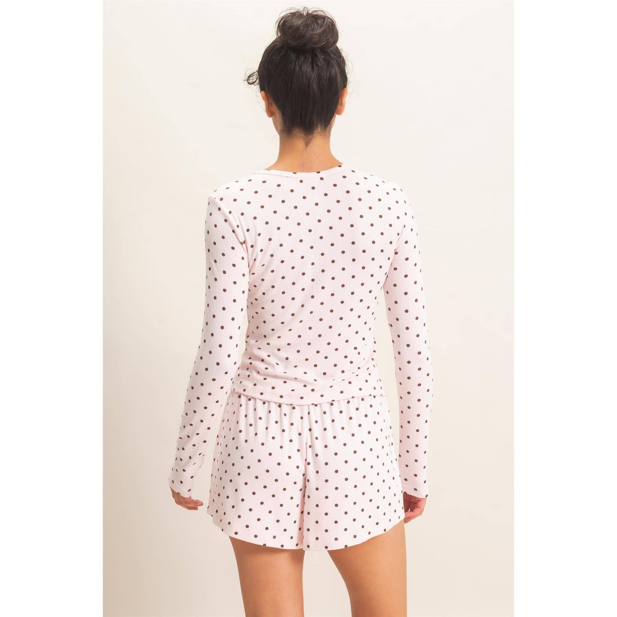 Polka Dot Henley Long Sleeve Top & Shorts Set