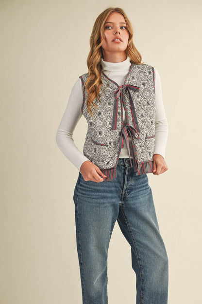 Quilted Block Print Ruffle Vest