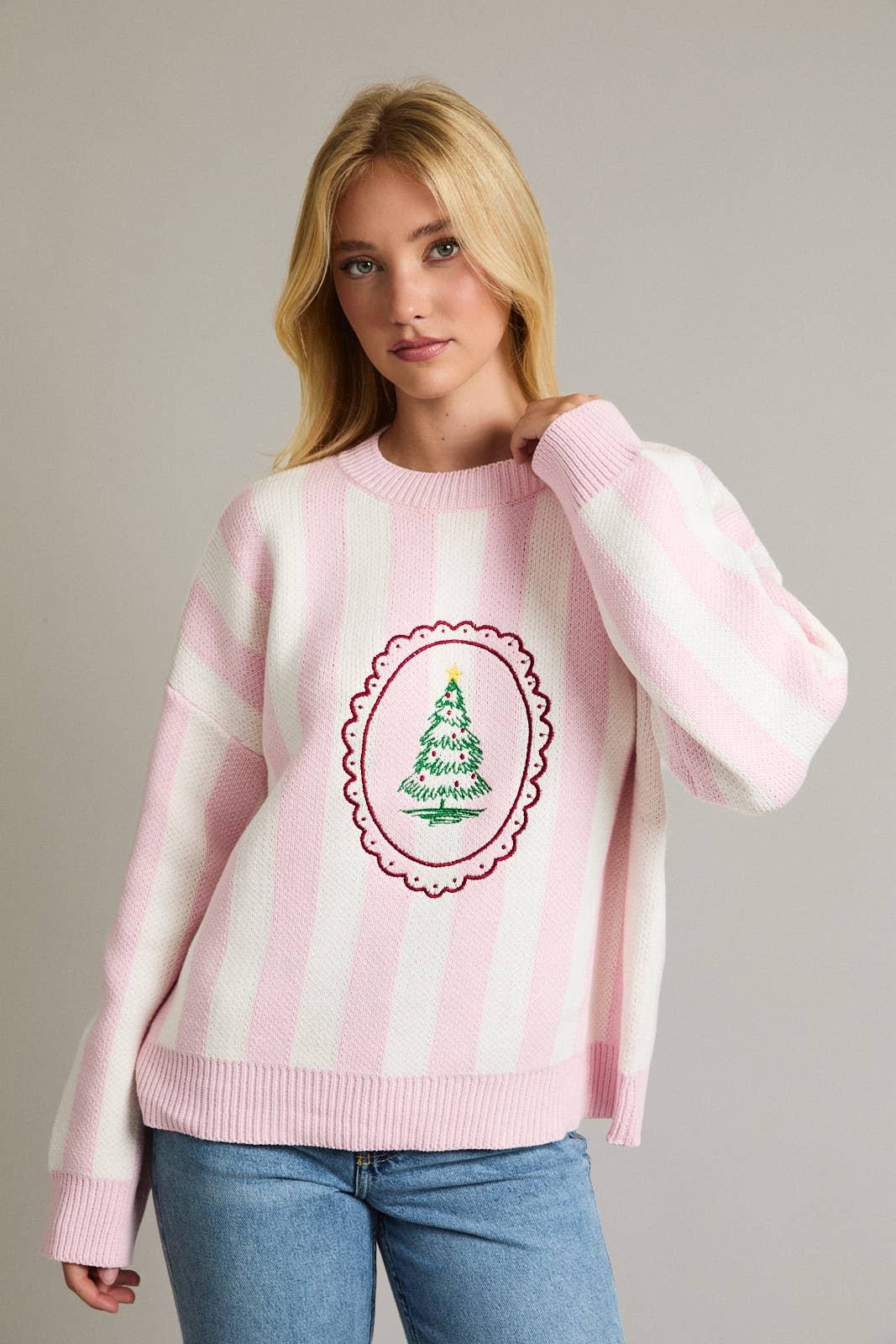 Stripe Knit Sweater w Tree Embroidery