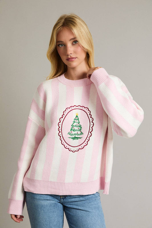 Stripe Knit Sweater w Tree Embroidery