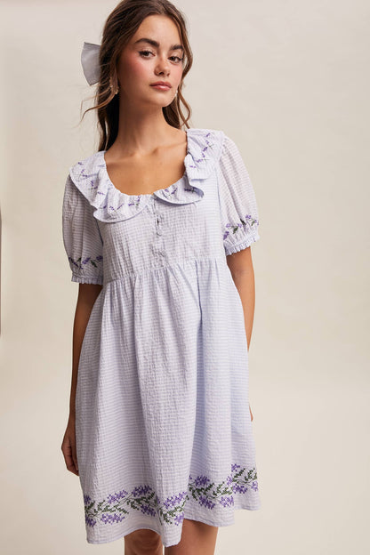 Embroidered Ruffle Collar Textured Gingham Dress
