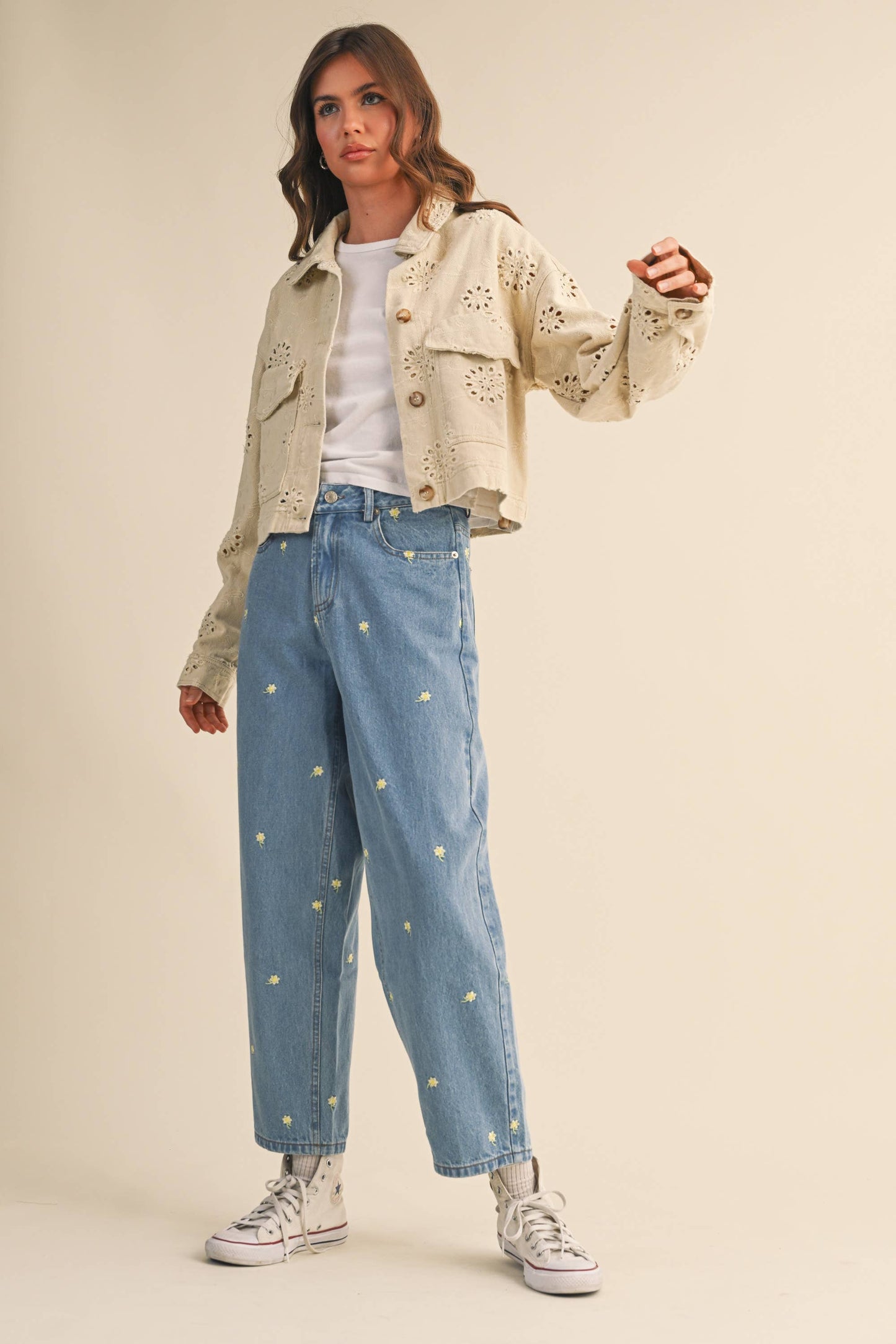 Eyelet Twill Cropped Trucker Jacket