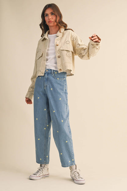 Eyelet Twill Cropped Trucker Jacket