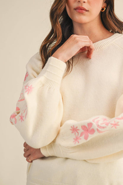 Floral Embroidered Sleeve Pullover