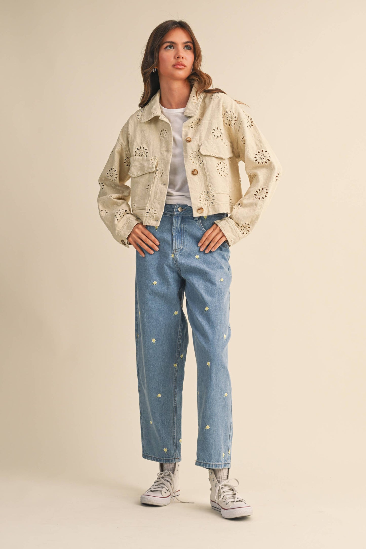 Eyelet Twill Cropped Trucker Jacket