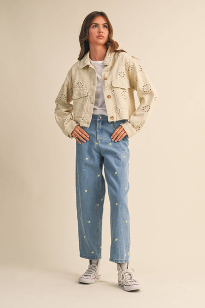Eyelet Twill Cropped Trucker Jacket