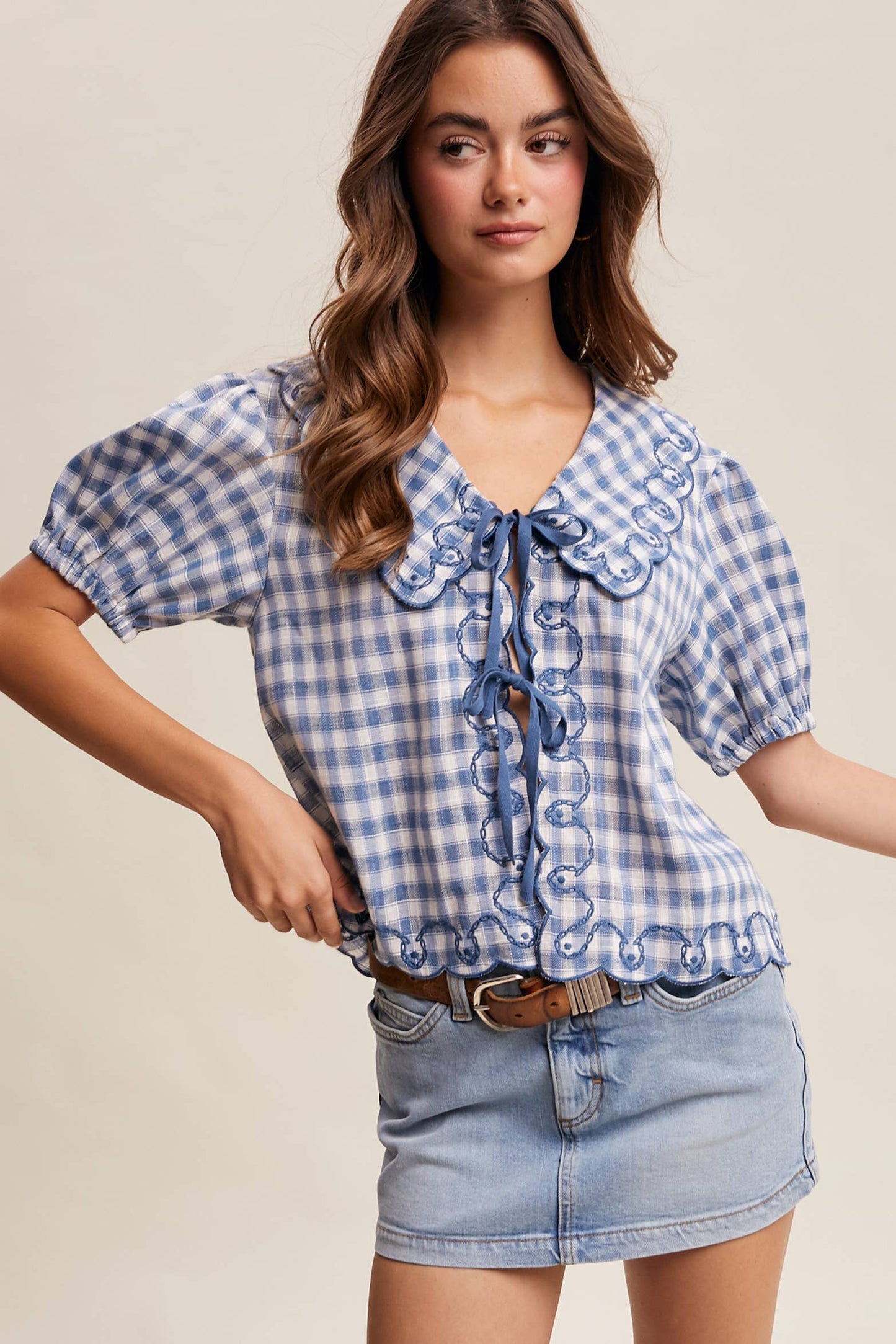 Gingham Embroidered Tie-Front Blouse