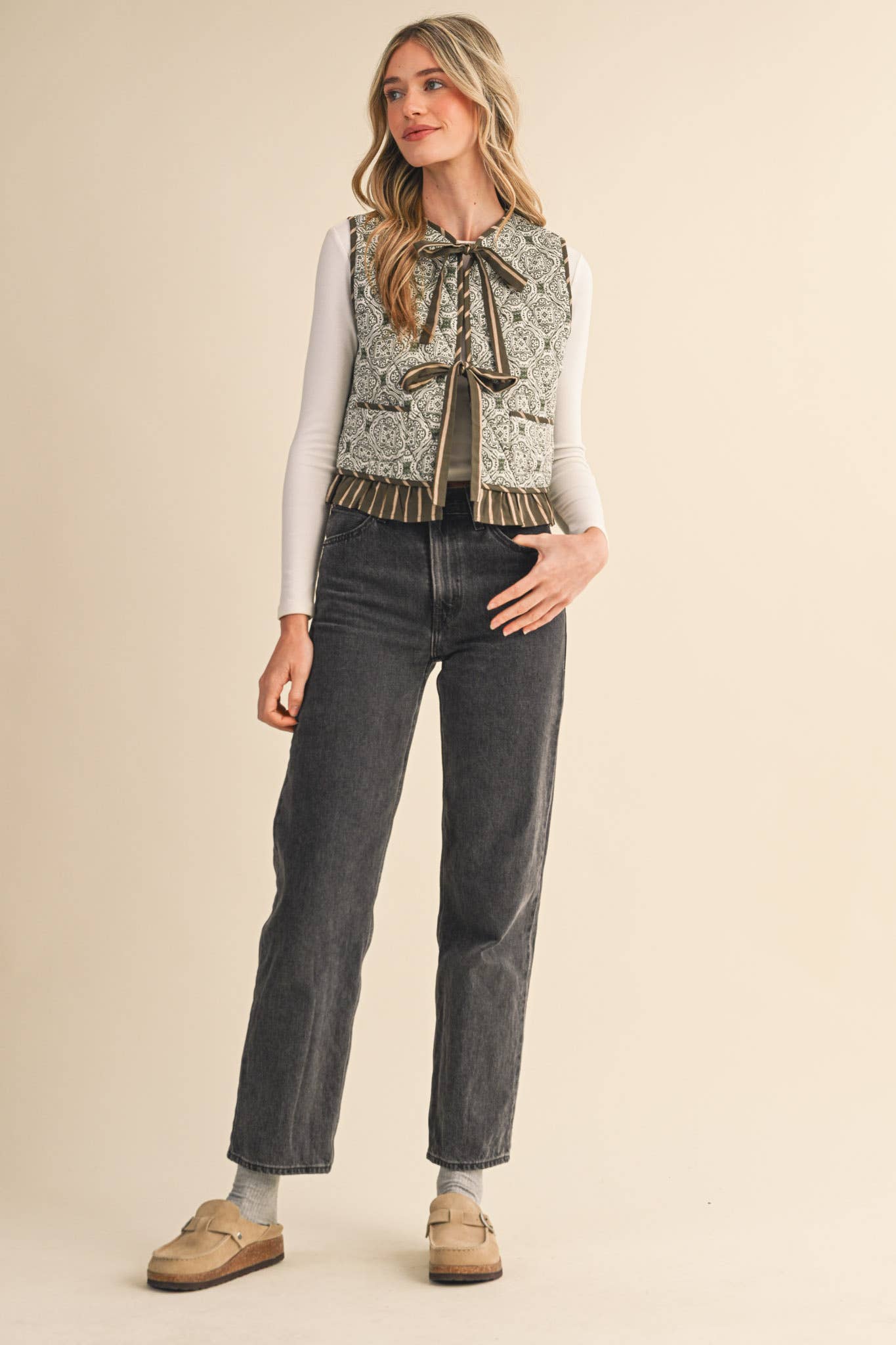 Quilted Block Print Ruffle Vest