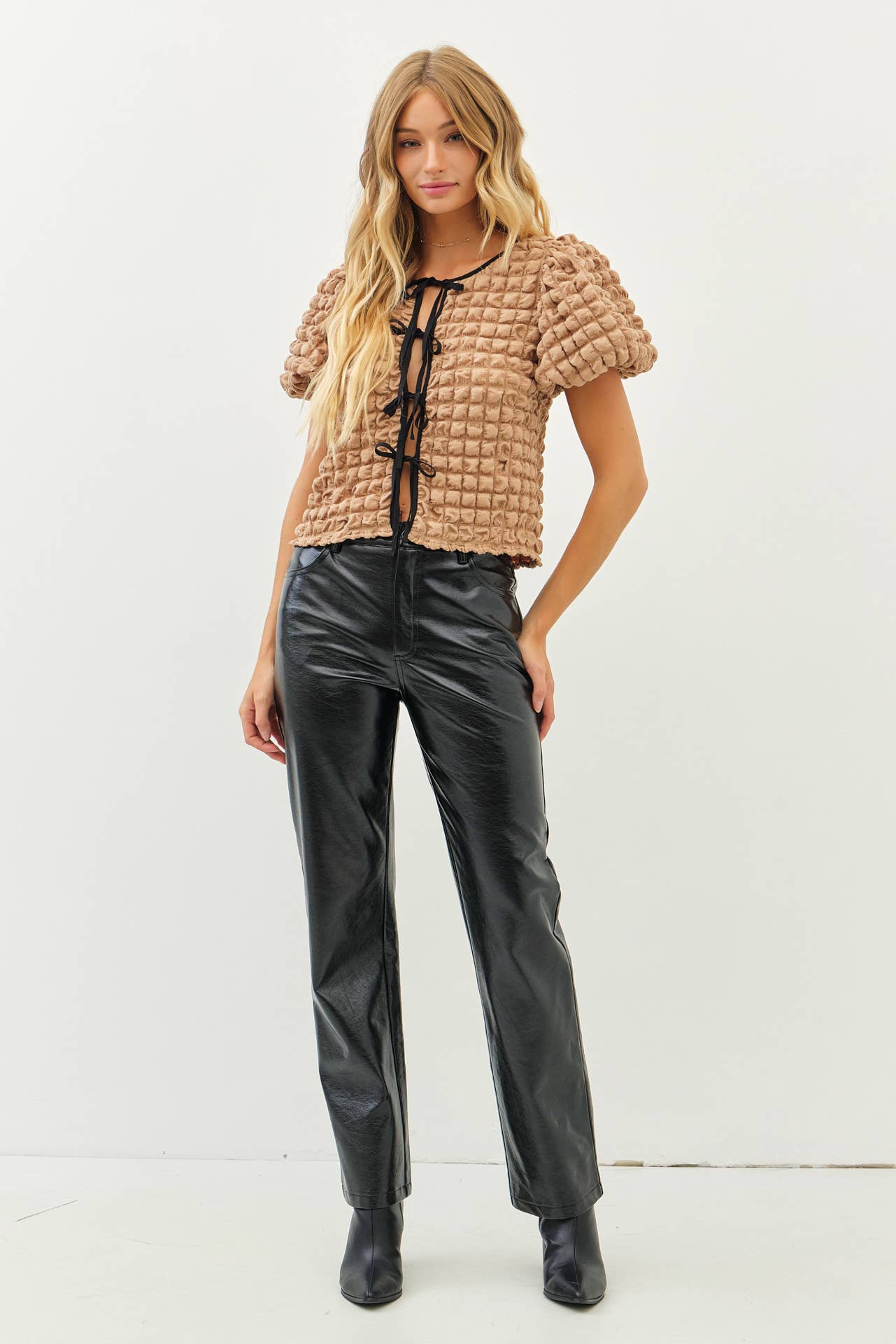 Bubble Textured Top With Contrast Front Tie