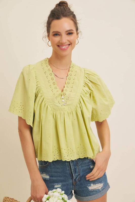 Elegant Scallop Eyelet Blouse