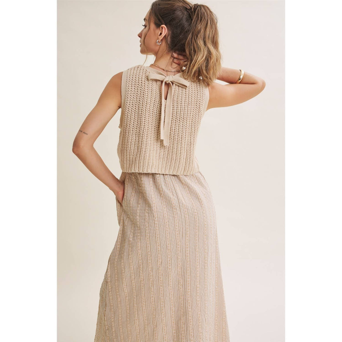 Chunky Sweater Gingham Stripe Mix Media Dress