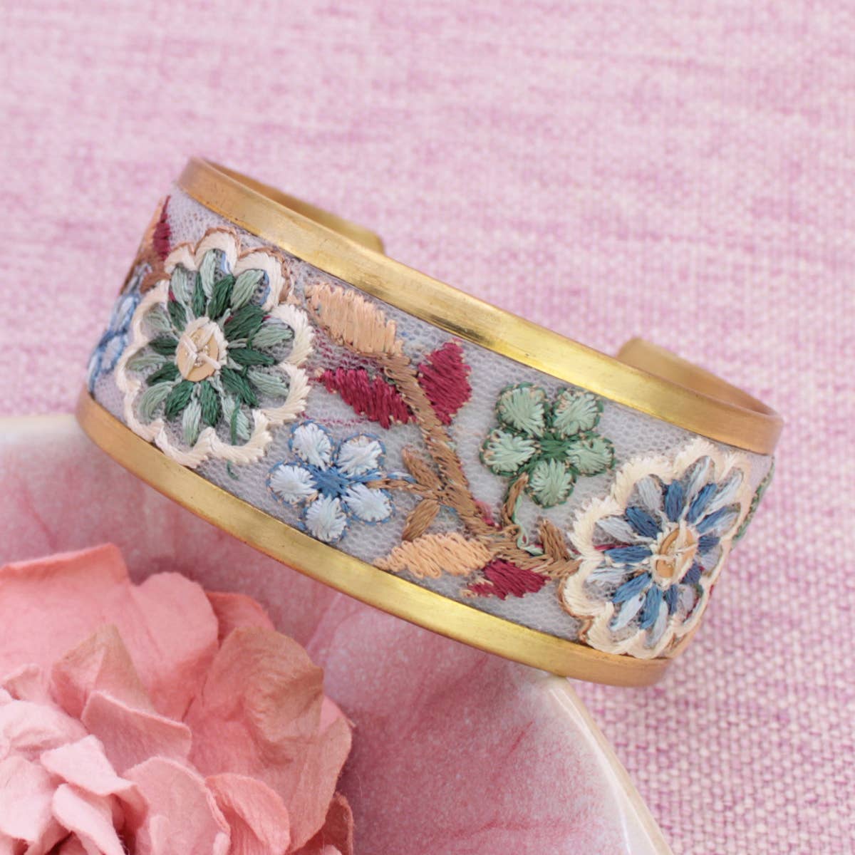 Pastel Flowers Embroidered Cuff Bracelet