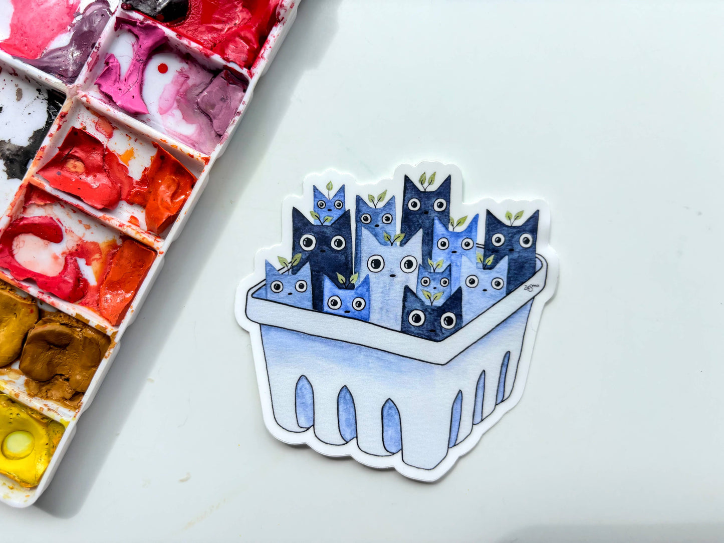 Blueberry Cat Basket Vinyl Sticker – Cute Fruit Cat Art