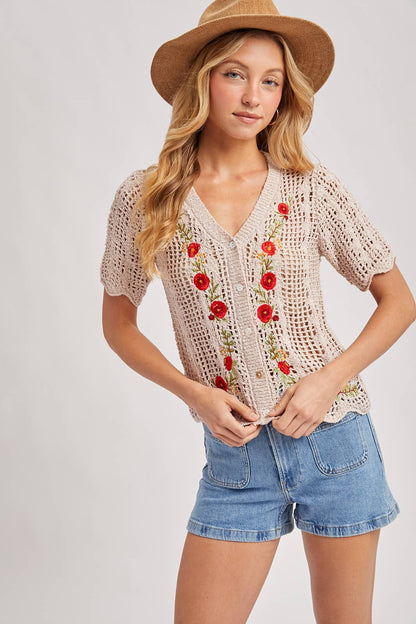 Floral Embroidered Crochet Cardigan