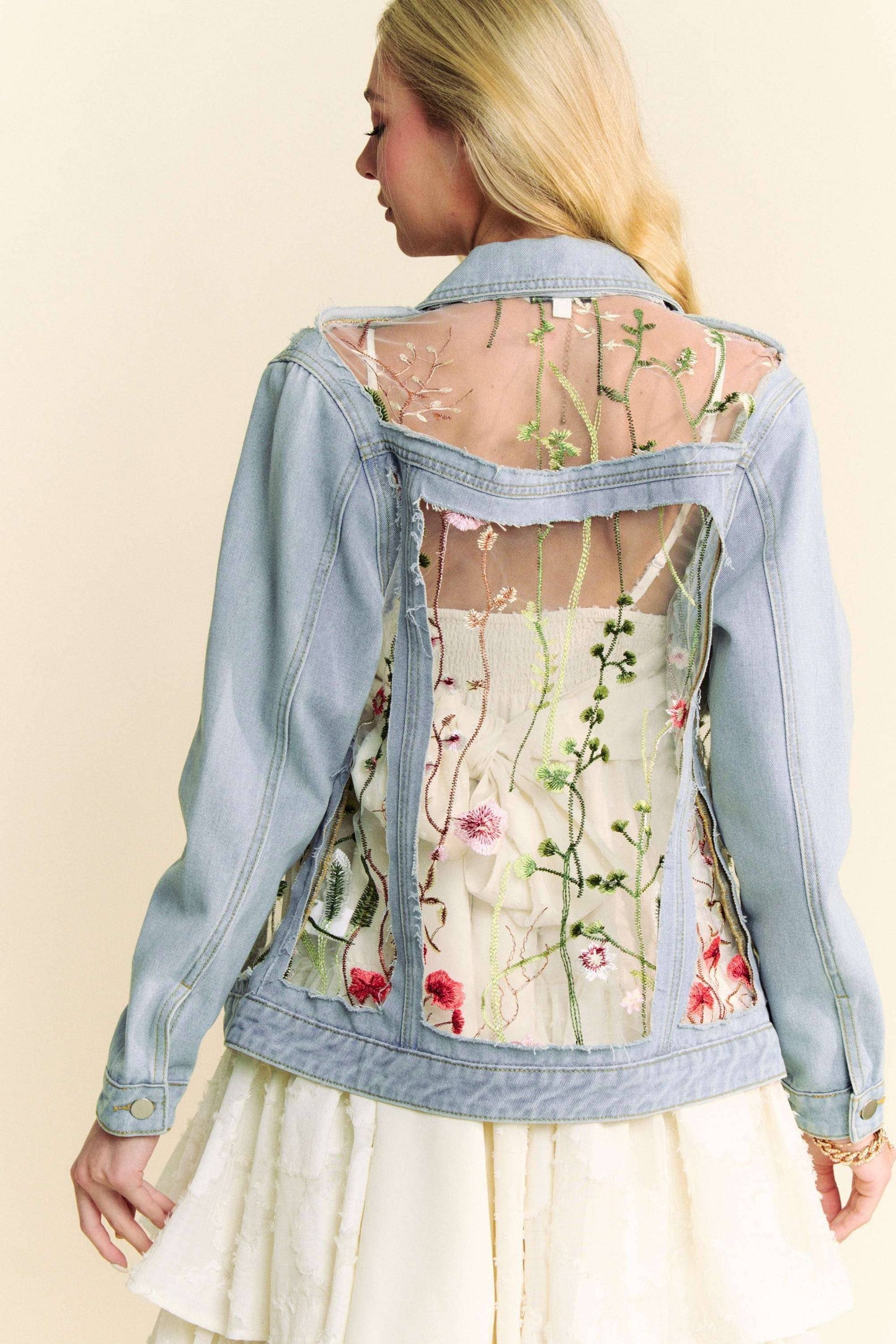 Floral Embroidery Detail Mesh Button Down Denim Jacket