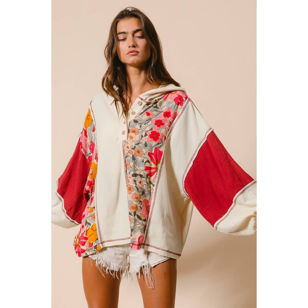 Knit and Print Mixed Hoodie