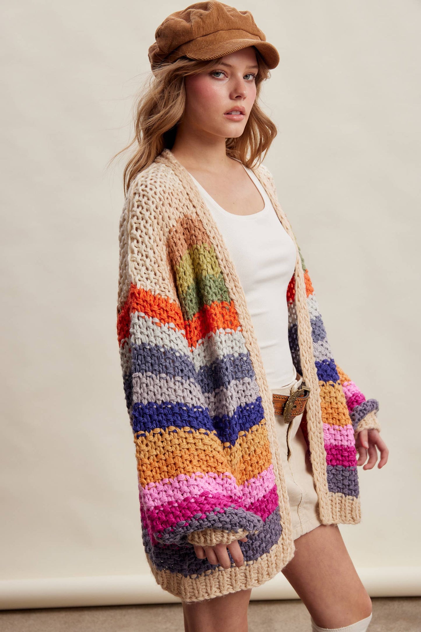Rainbow Hand-Crochet Open Cardigan