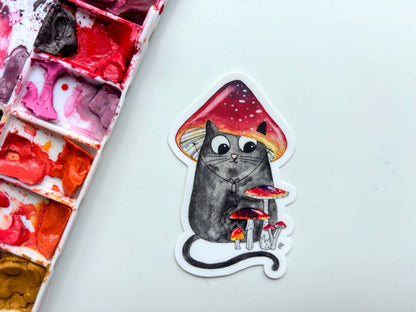 Black Cat with Red Mushroom Vinyl Sticker