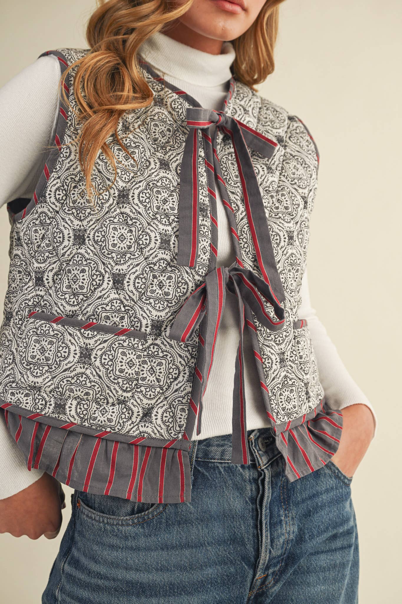 Quilted Block Print Ruffle Vest