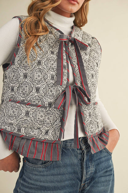 Quilted Block Print Ruffle Vest