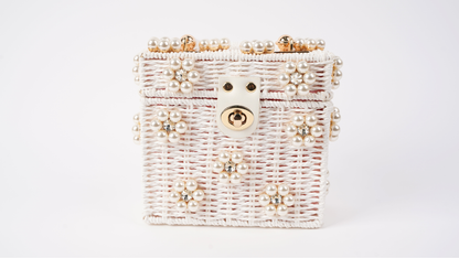 Wicker Bucket Daisy Flower Purse: Cream + Light Pink Daisy