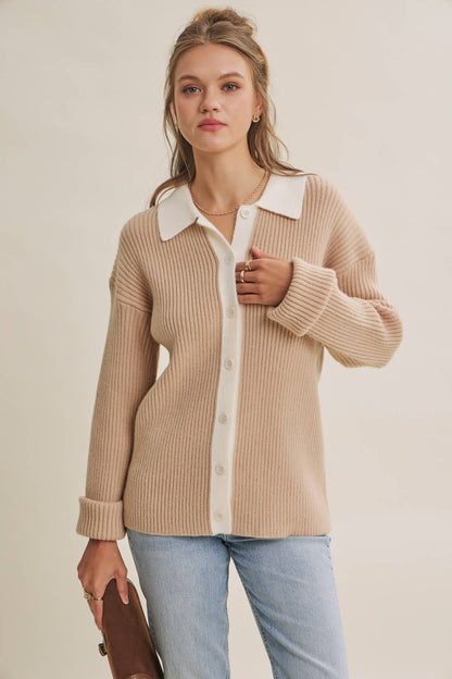 Contrast Collar Ribbed Cardigan