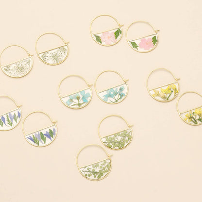 Pressed Flower Hoop Earring - Blue Baby's Breath/Gold