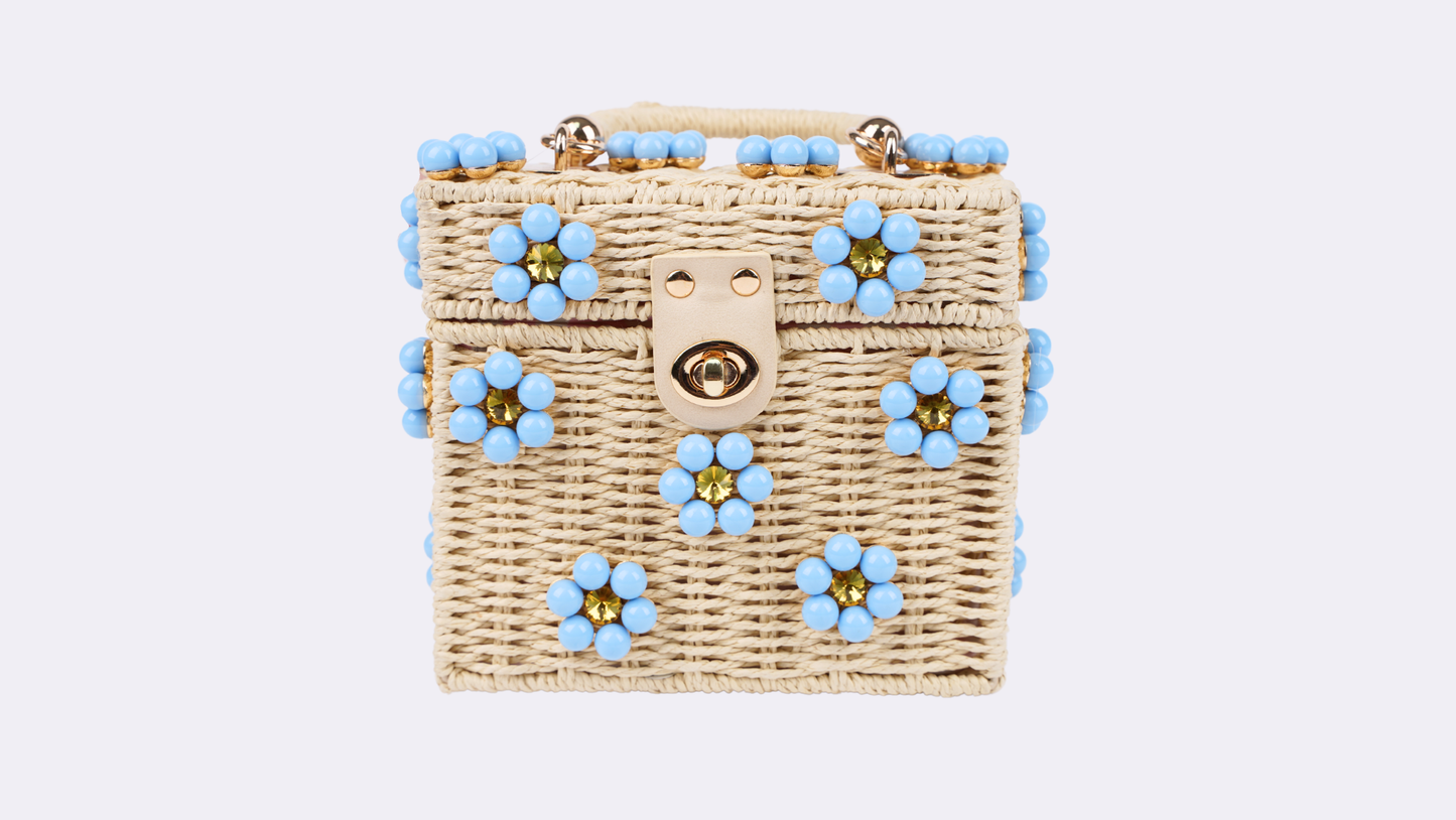 Wicker Bucket Daisy Flower Purse: White + Pearl Daisy