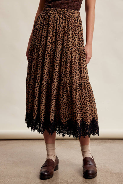 Leopard Lace Trim Tiered Maxi Skirt
