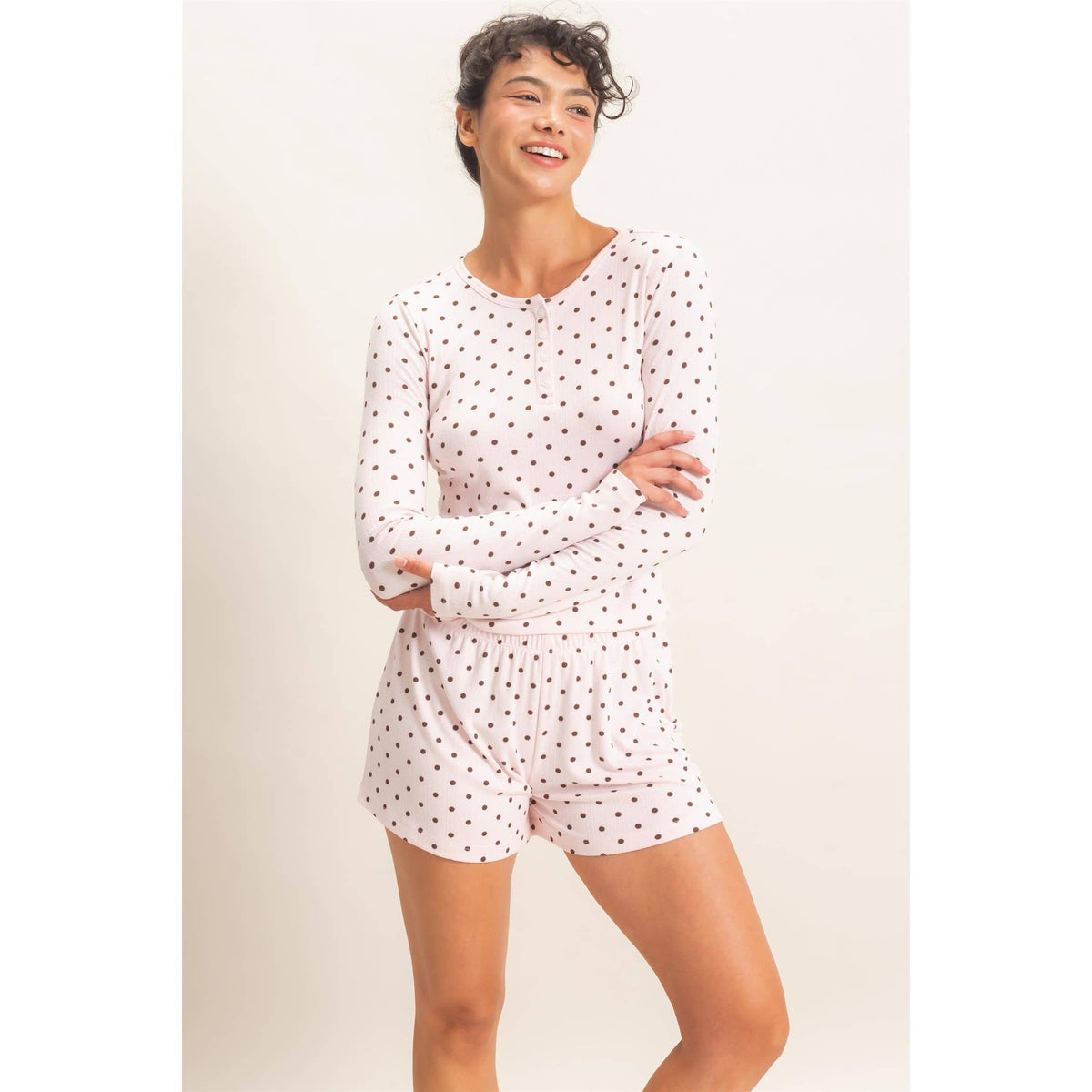 Polka Dot Henley Long Sleeve Top & Shorts Set