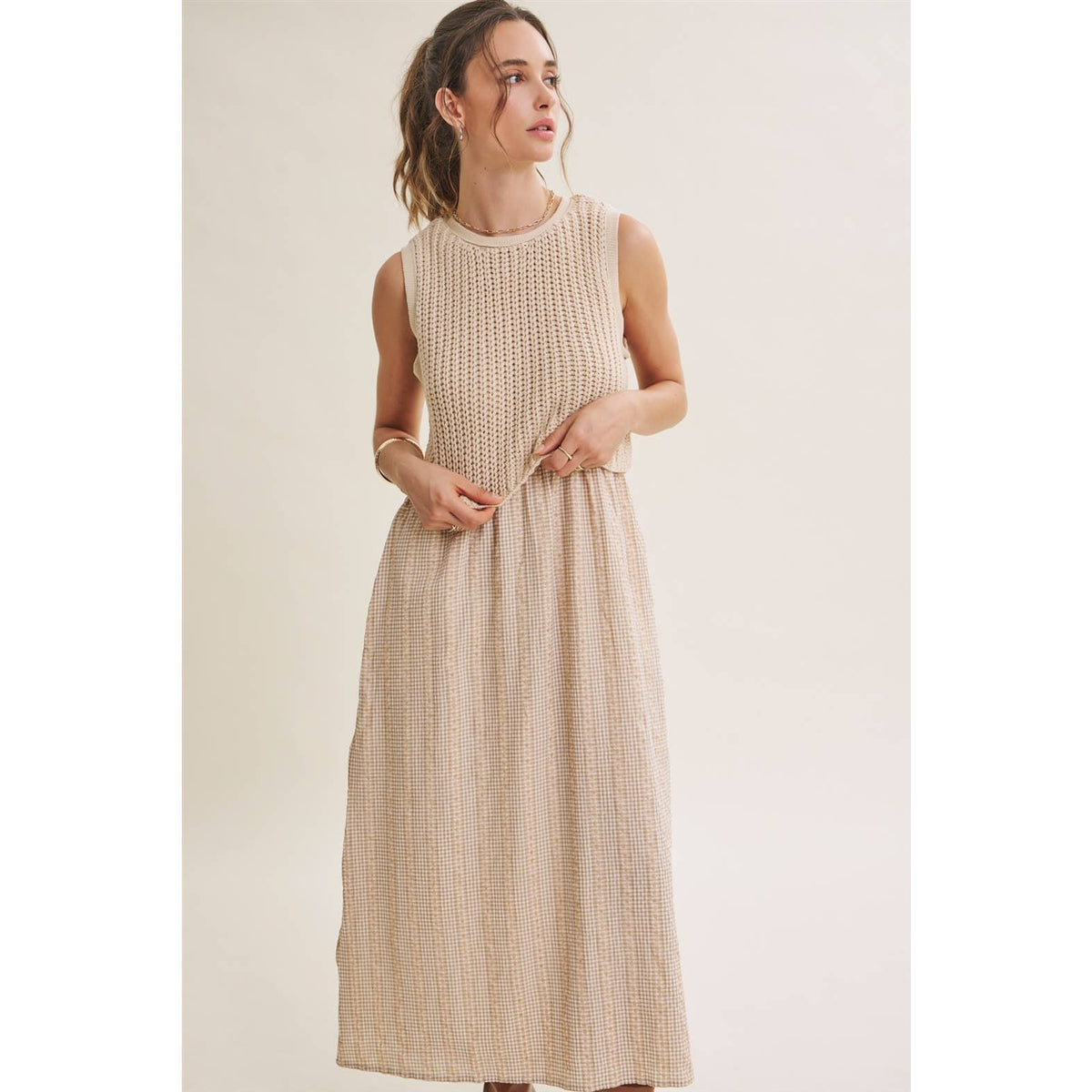 Chunky Sweater Gingham Stripe Mix Media Dress