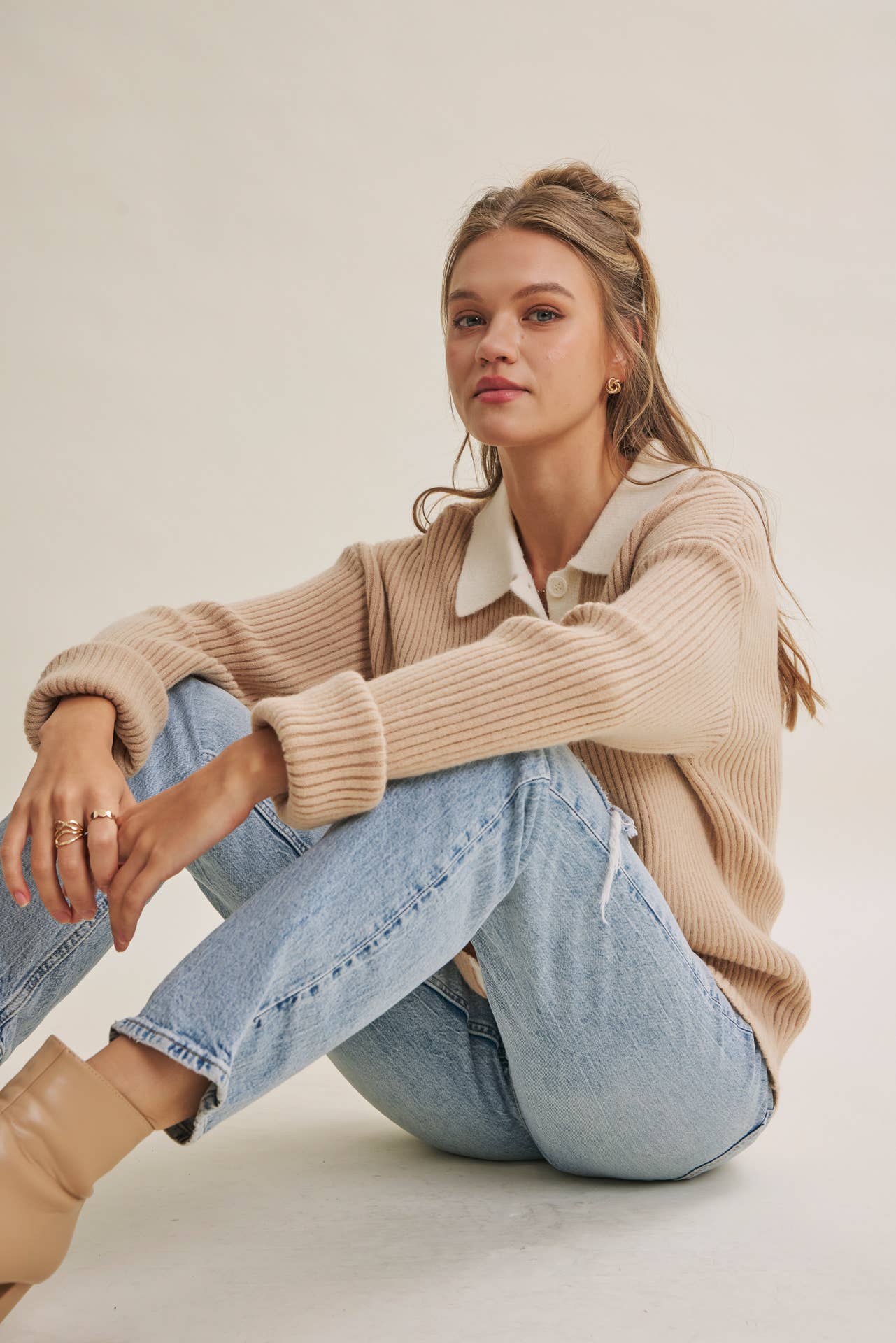 Contrast Collar Ribbed Cardigan
